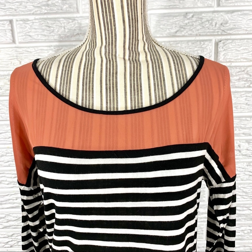 Striped Top w/Sheer Coral Neckline Open Back - Picture 2 of 8